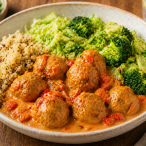 Kippenballetjes met een paprika kokossaus, spitskool, broccoli & quinoa