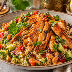Marokkaanse couscous salade met pittige kipreepjes
