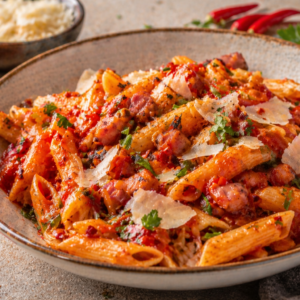 Pasta Arrabiata met spek (Penne, pittige tomatensaus, parmesan)