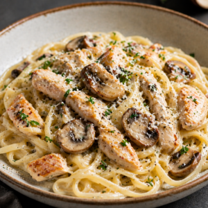 Pasta met truffelsaus, kip, champignons & parmesan