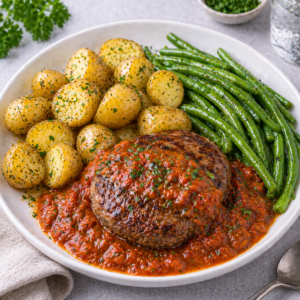 Rundsburger met Provençaalse saus, krieltjes & boontjes