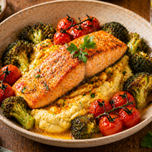 Ovenzalm met bloemkool-currypuree met curry & geroosterde groenten