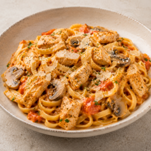 Pasta Pollo (tagliatelle-tomatenroomsaus-kip-champignons-parmesan)