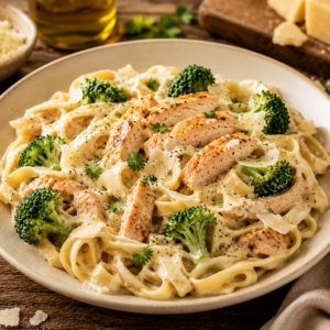 Pasta Alfredo Kip (fettucine-romige Alfredo saus-kip-broccoli-parmesan)