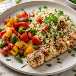 Gemarineerde kalkoenbrochette met geroosterde paprika & bloemkooltabouleh