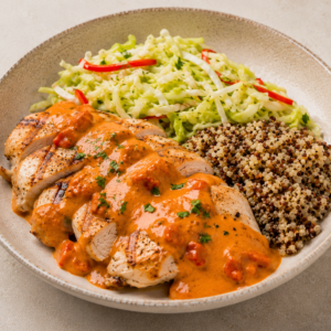 Gegrilde kipfilet met paprikasaus, spitskool & quinoa