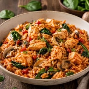 Orzotto met kip, tomatensaus, jonge spinazie & champignons