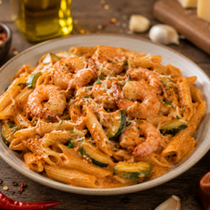 Pasta Scampi Curry (penne-currysaus-scampi-courget-parmesan)
