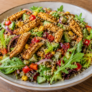 Pittige quinoa salade met cajun kipreepjes