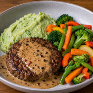Rundsburger met pepersaus, broccolipuree & lentegroenten