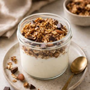 Vanille proteïne yoghurt met chocolade granola