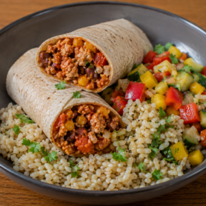 Burrito met kippengehakt-chilisaus & volle rijst