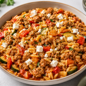 Grieks stoofpotje met orzo, kippengehakt, mediterraanse groenten & feta