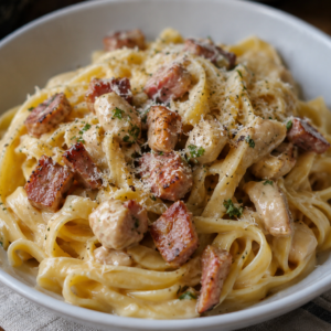 Pasta Carbonara Supreme (Tagliatelle, spekblokjes, kip, parmesan)