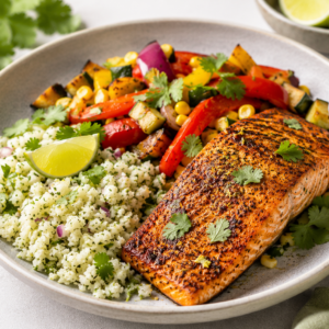 Cajun zalm met limoen-korianderrijst & texmex groenten