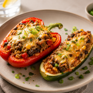 Mexicaans duo van opgevulde paprika & courgette met rundsgehakt en rijst