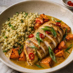 Indische curry met kip, bloemkoolrijst, zoete aardappel, chili & jonge ui