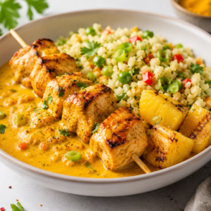 Kipbrochette met currysaus, gebakken ananas & fried bloemkoolrijst