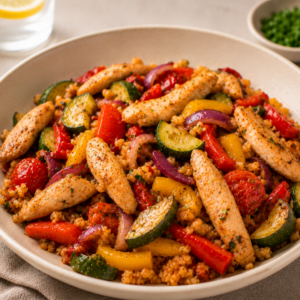 Mediterraanse bowl met gemarineerde kalkoenreepjes