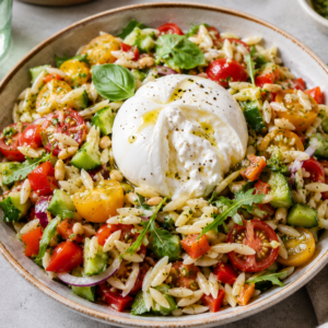 Orzosalade met burrata, mediteraanse groenten & kerstomatenmix - VEGGIE