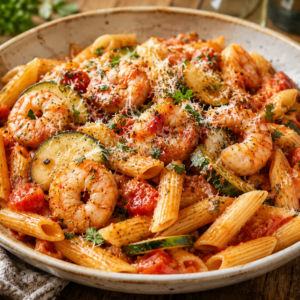Pasta Scampi Provençale (Penne, scampi, courget, tomaat, prov. kruiden, parmesan)