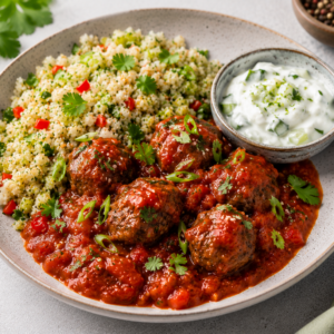 Rundsballetjes met Oosterse tomatensaus, bloemkool-bulgur rijst & frisse dip
