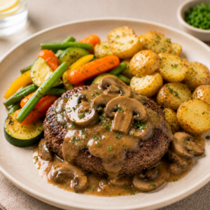 Rundsburger met champignonsaus, krieltjes & lentegroenten