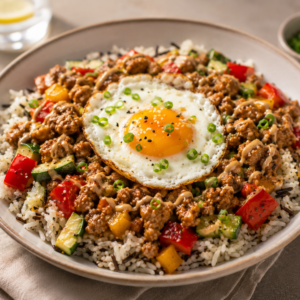 Oosterse warme pokébowl met kippengehakt, sesamsaus & wilde rijst