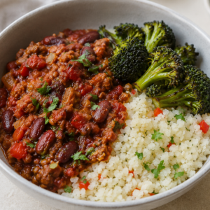 Chili con carne met bloemkoolrijst & gegrilde broccoli