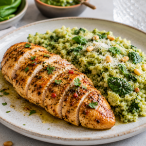 Italiaans kipbraadstuk met bloemkoolrisotto van spinazie & groene pesto