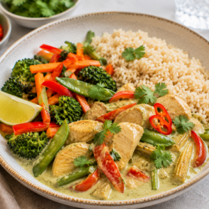 Thaise groene curry bowl met kip, volkorenrijst & wokgroenten