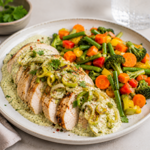 Kipfilet met courgettesaus, gebakken prei & fijne groentenmix