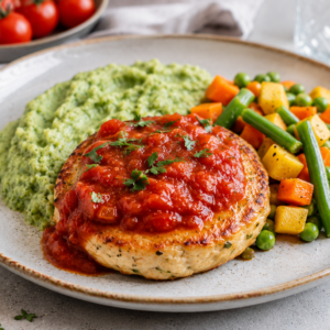 Kippenburger met tomatensaus, broccolipuree & tuingroenten