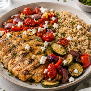 Mediterraanse bowl met kip, feta & volkorenrijst