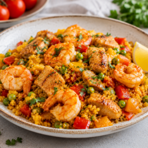 Paella Di Valencia van bloemkoolrijst met kip & scampi