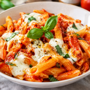 Pasta Mozzarella met een rijke tomatensaus & verse basilicum