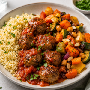 Rundsballetjes met couscous, tajinegroenten & kruidige tomatensaus