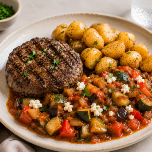 Rundsburger met krieltjes, ratatouille & fetakaas