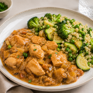 Kippenstoofvlees op z'n Vlaams met quinoa, broccoli, erwt & courgette