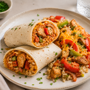 Wrap met fajita kipreepjes, paprika, cheddar & volle rijst