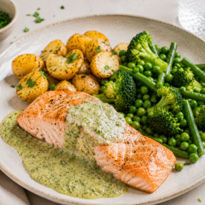 Zalm met broccolisaus, krieltjes & groene groenten