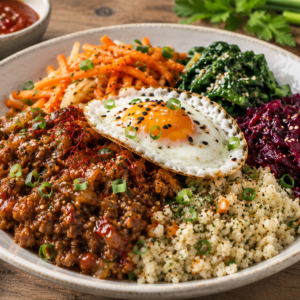 Korean kippengehaktschotel "Bibimbap" met spiegelei & bloemkool-bulgurmix