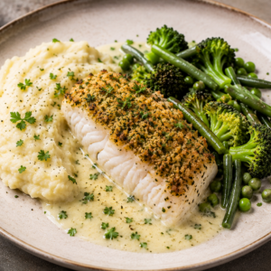 Kabeljauw met kruidenkorst, bloemkoolpuree, witte wijnsaus & groene groenten
