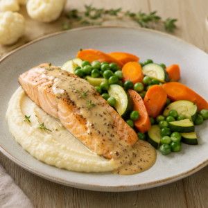Zalmfilet met mosterdsaus, bloemkoolpuree, wortel, erwten & courgette