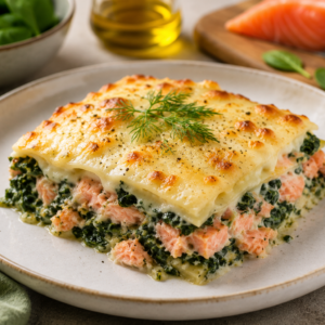 Zalmlasagne met spinazie