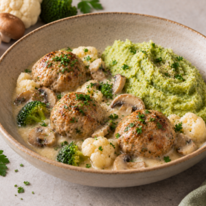Gehaktballetjes à la nage met bloemkool, champignons & broccolipuree