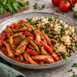 Gebakken kalkoengyros met paprika, tomatensaus & een bloemkool/quinoa/linzen mix