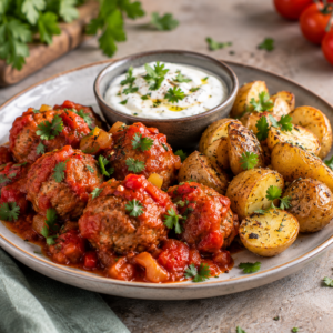 Kippenballetjes "Albondigas" met krieltjes & een looksaus dip op basis van Griekse Yoghurt