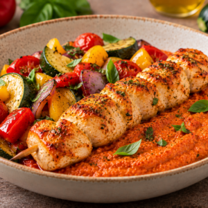 Kipbrochette met rode pestopuree & Italiaanse groentenmix