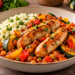 Kipchipolata met bloemkoolcouscous, Oosterse tomatensaus & tajinegroenten